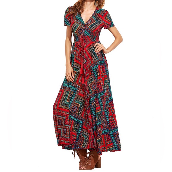 no brand Dresses & Skirts - Unknown Brand Red Aztec Print Button Front Short Sleeve Maxi Dress size Small